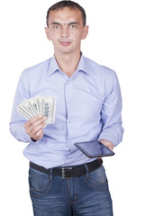 Man with tablet and dollars in hands.