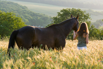 woman and horse training during sunset