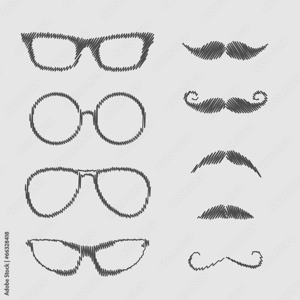 Wall mural Glasses and mustache set. Isolated Icons. Scribble effect