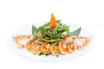 shrimp salad greens vegetables and crayfish in the restaurant
