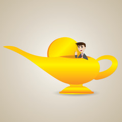 cartoon businessman living in magic lamp