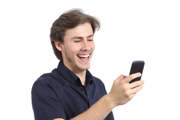 Man laughing texting on the mobile phone