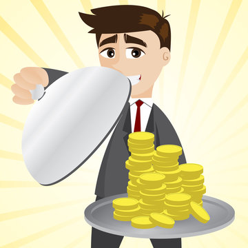 Cartoon Businessman Showing Gold Coin In Tray