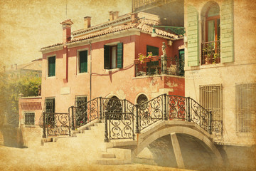 Fototapeta na wymiar A little old bridge in Venice, Italy. Ponte Giustinian.