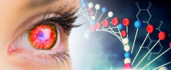 Composite image of red glowing eye looking ahead