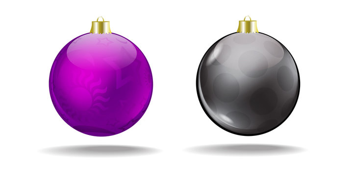 Violet and black Christmas tree balls. Vector. Isolated.