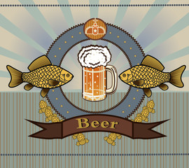 glass of beer with foam and fish