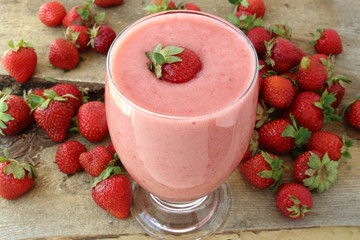 Pink smoothie made with strawberries