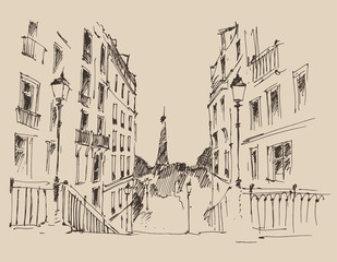 streets in Paris, France, vintage engraved illustration