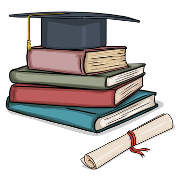 Vector Cartoon Academic Hat on Stack of Books and Diploma