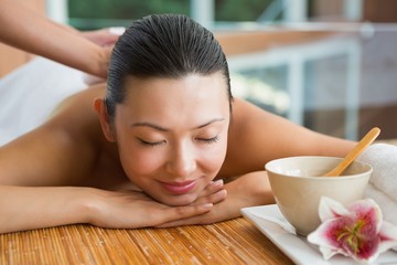 Smiling brunette getting a herbal compress massage