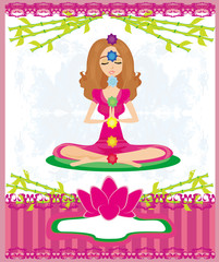 Yoga lotus pose. Padmasana with colored chakra points.