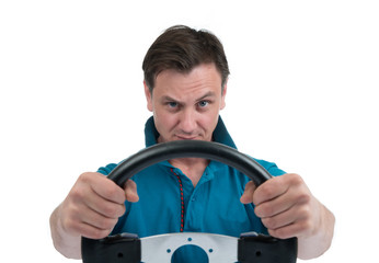 Funny man with a steering wheel on white