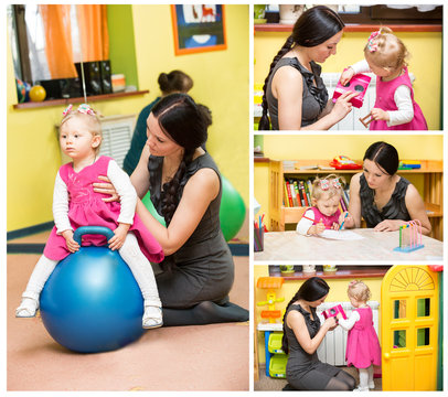 Mother and child girl playing in kindergarten in Montessori