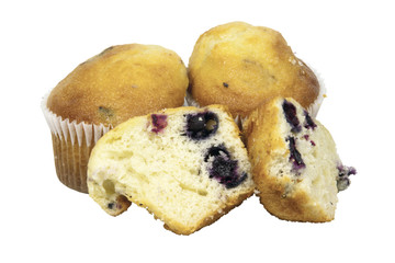 One Cut and Two Whole Blueberry Muffins in Cupcake Cups