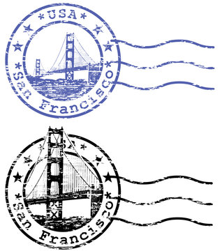 Shabby stamp with cityscape of San Francisco and Golden Gate