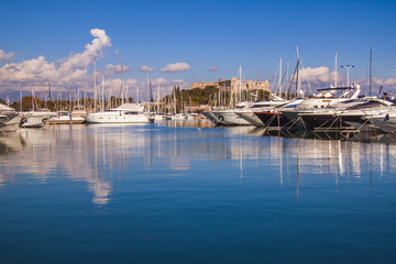 Antibes, France. View yachts moored in the city's port 