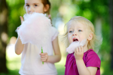 Adorable little sisters eating candy-floss