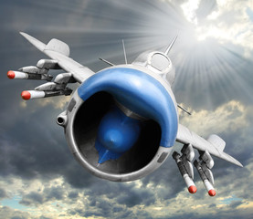 Old jet fighter inbound from sun. Retro technology background.