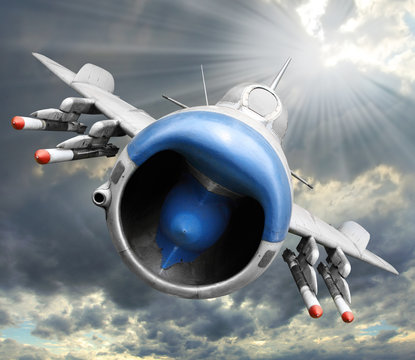 Old jet fighter inbound from sun. Retro technology background.