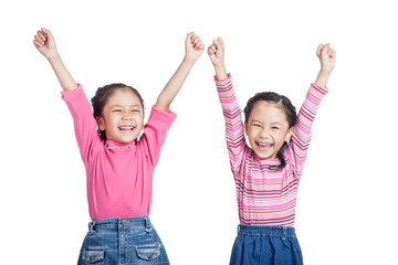 Asian twin sisters very happy  rise hands up