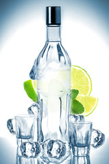 Bottle of vodka and ice cubes
