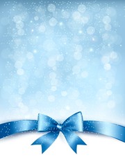 Blue elegant holiday background with gift bow and ribbon. Vector