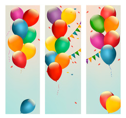 Retro holiday banners with colorful balloons and flags. Vector.