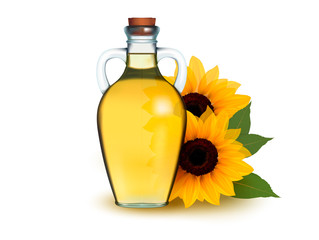 Bottle of sunflower oil with flower. Vector illustration.