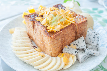 honey toast with ice cream and fruit