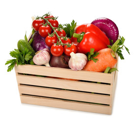 Various vegetables in a wooden box