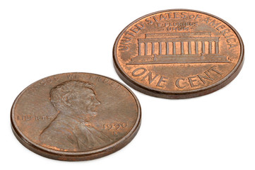 U.S. one cent coin isolated on white background. macro shooting