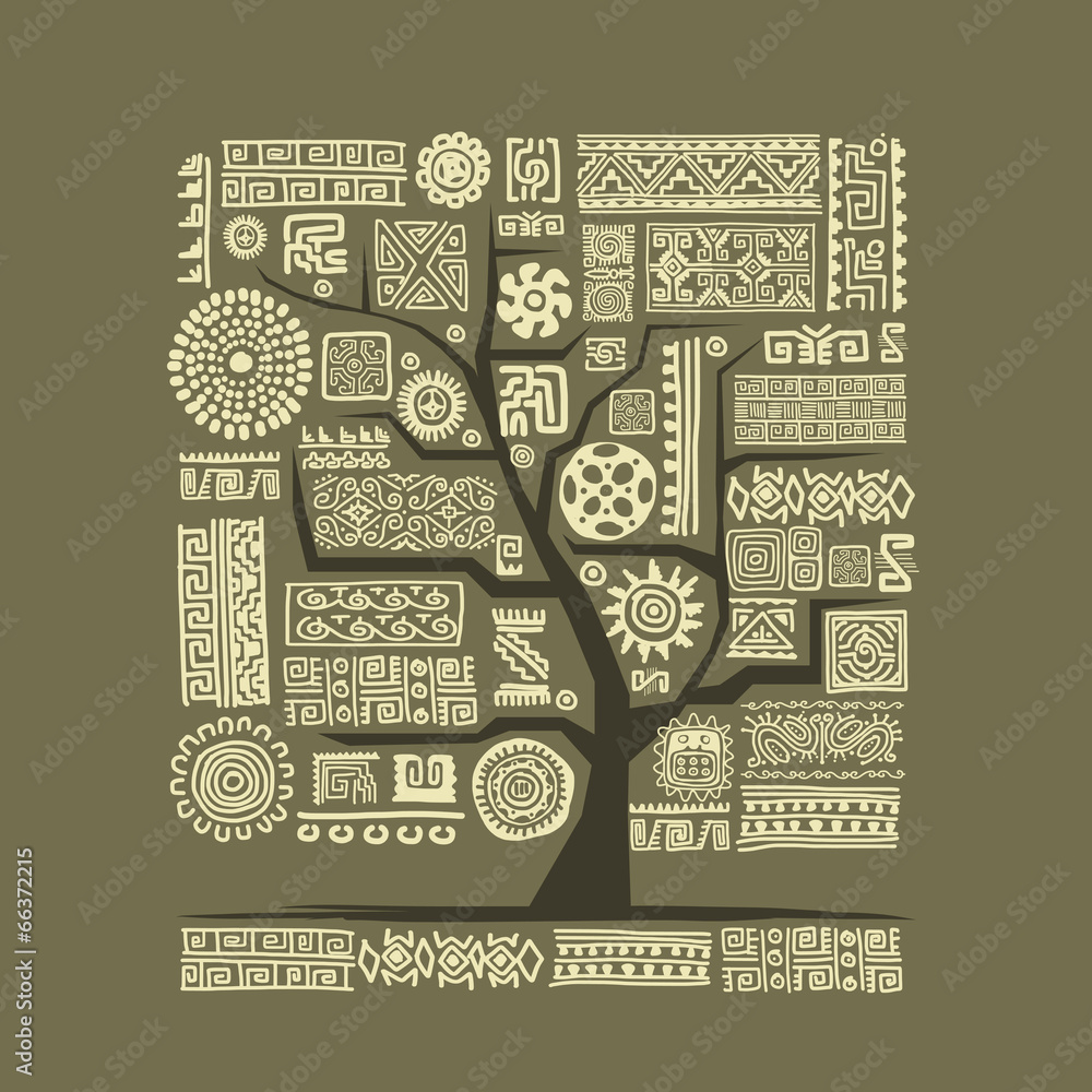 Fototapete Ethnic tree with handmade ornament for your design