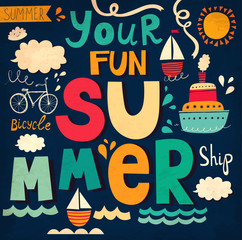 Vector card with funny letters and ships