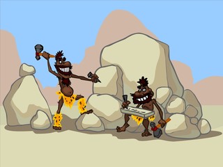 The illustration of two cartoon cavemen in a desert.