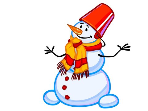 The illustration of friendly snowman in a bucket and scarf.