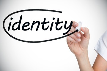 Businesswoman writing the word identity