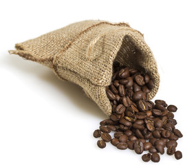 Cofee beans in a bag isolated on white background