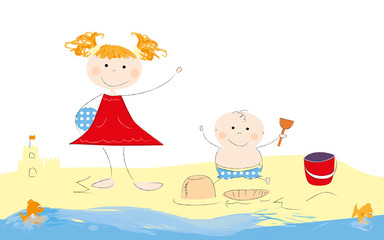 kids on the beach / white background /- vectors