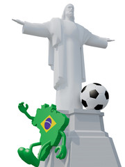 Christ the Redeemer with soccer ball and brasil map cartoon on b