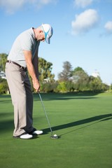 Fototapeta premium Handsome golfer putting ball on the green