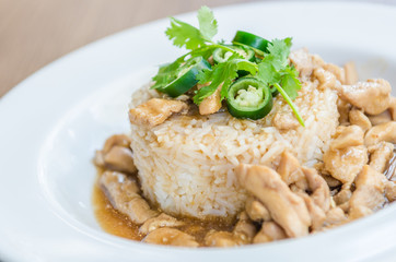 Chicken with brown sauce on rice