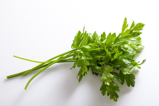 bunch of parsley on a white background. healthy spring greens
