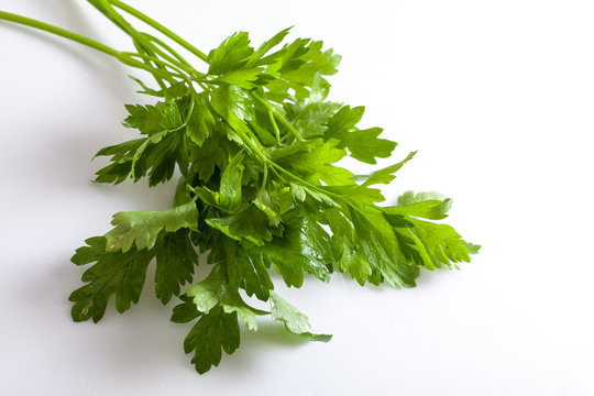 bunch of parsley on a white background. healthy spring greens