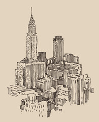 New York city engraving vector illustration, hand drawn - obrazy, fototapety, plakaty