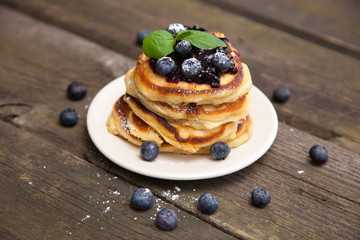 Delicious pancakes with blueberry and mint