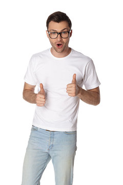 Young man with glasses smiling isolated