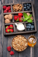 Granola muesli with berries, honey, nuts and milk