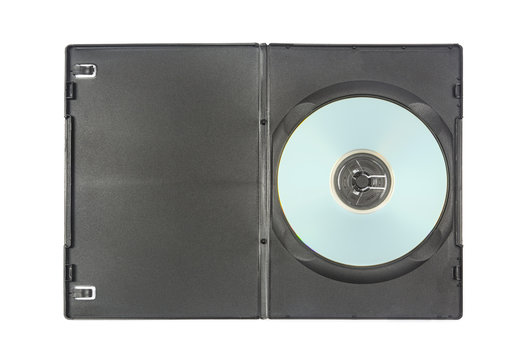 Blank compact disc in an open black plastic case isolated on white, designed as a CD or DVD packaging mockup for multimedia, music, software, video and archive concepts.
