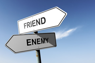 Fototapeta premium Friend and Enemy directions. Opposite traffic sign.